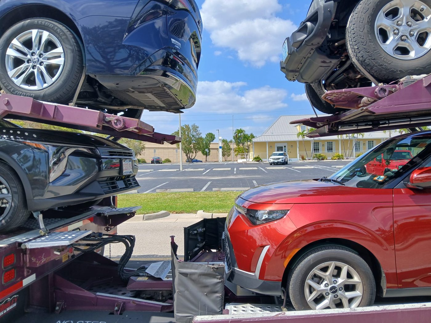 Every car strapped and chained at the wheels
